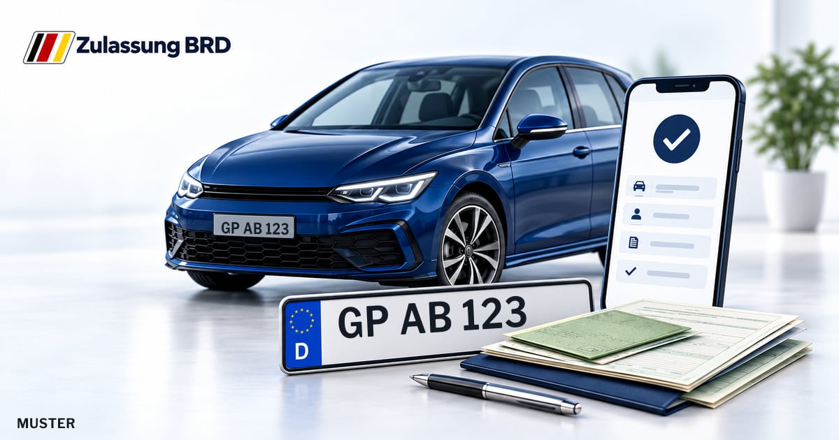 Online Fahrzeugzulassung in Donzdorf: Musterkennzeichen GP AB 123, Auto und Fahrzeugpapiere und Smartphone. Illustration mit Logo von Zulassung BRD.